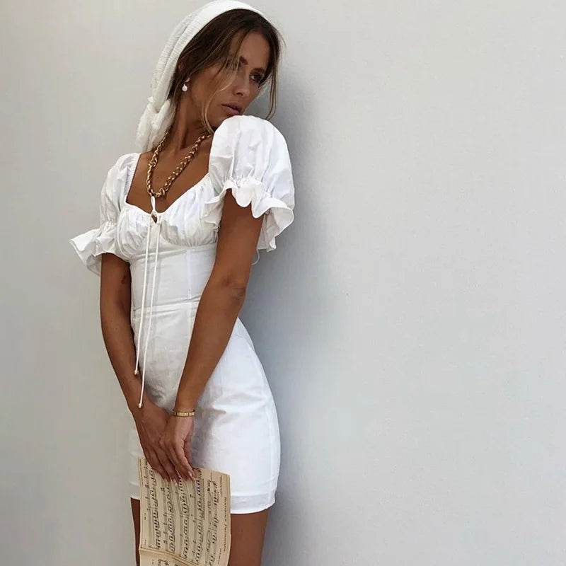 FashionSierra-Sheath Mini Women White Cotton Elegant Puff Sleeve Summer Square Collar Bohemian Short Dress Vestidos Boho Dress