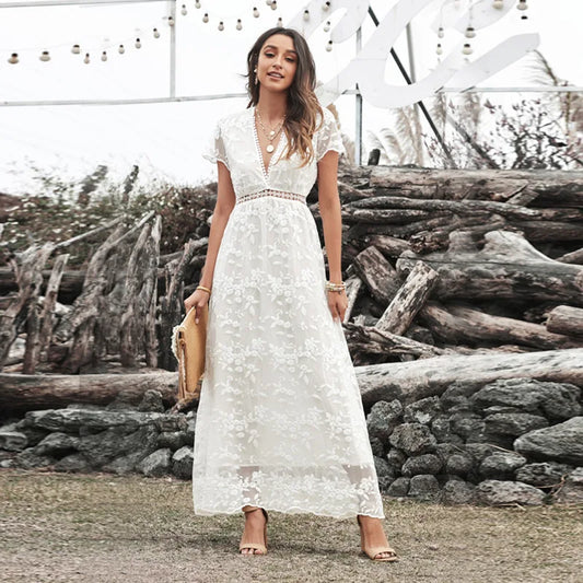 FashionSierra-Vintage Deep V Short Sleeve Casual Floral Embroidery Summer 2025 High Waist Loose Boho Dress