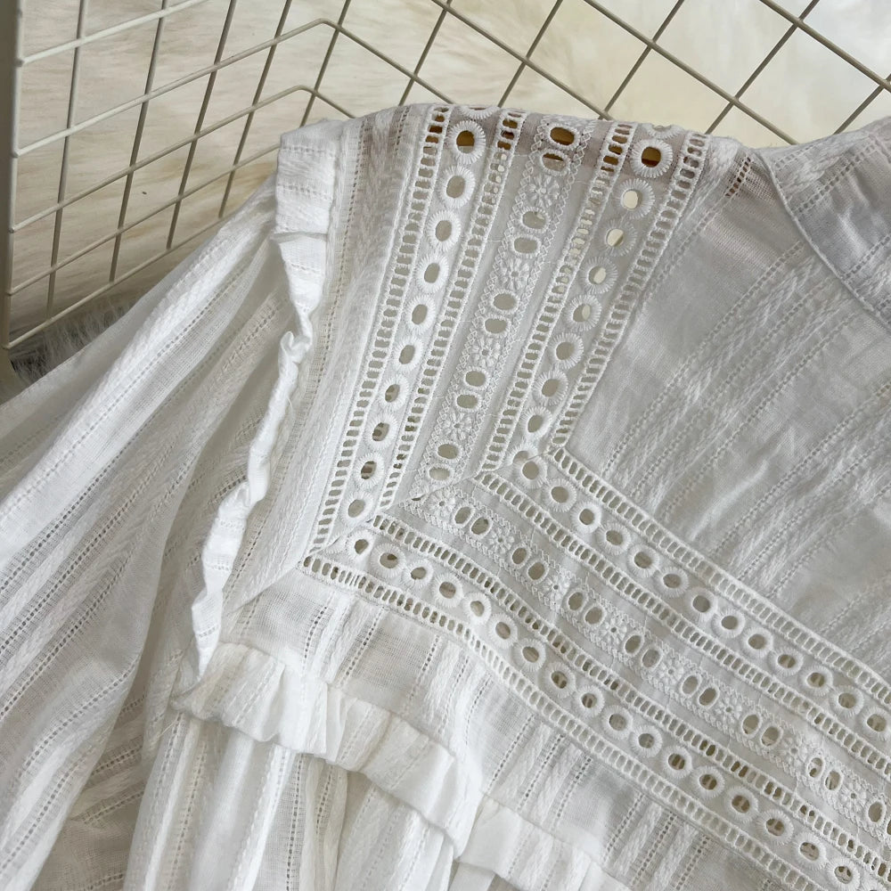 FashionSierra-Vintage Embroidery White Lace Puff Long Sleeve Mini Autumn Elegant Boho Dress