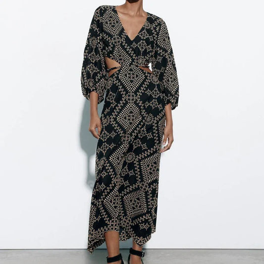 FashionSierra-Vintage Ethnic Embroidery Women Party Sexy Deep V-neck Backless Long Sleeve Beach Summer Vestidos Boho Dress