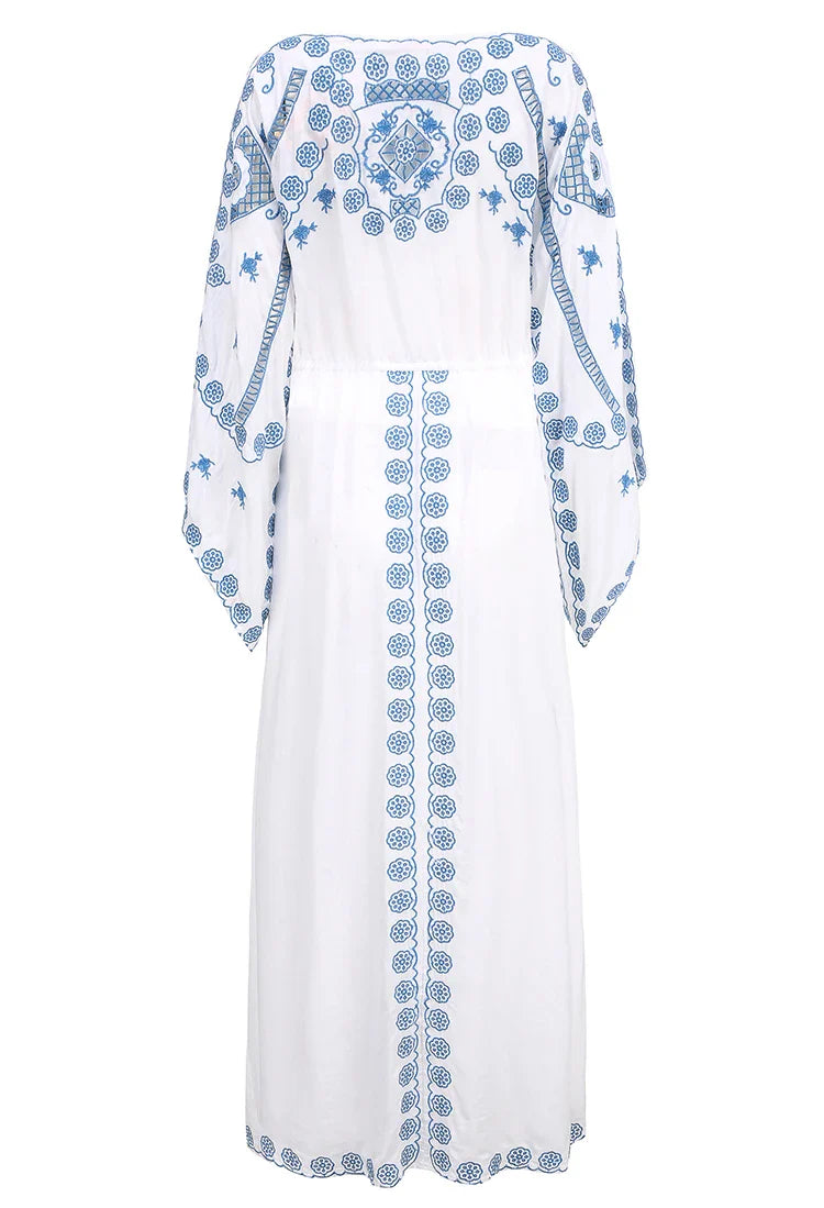 FashionSierra-Hollow Floral Embroidery Long Sleeve Strap Maxi White Vintage V Neck Beach Ladies Boho Dress