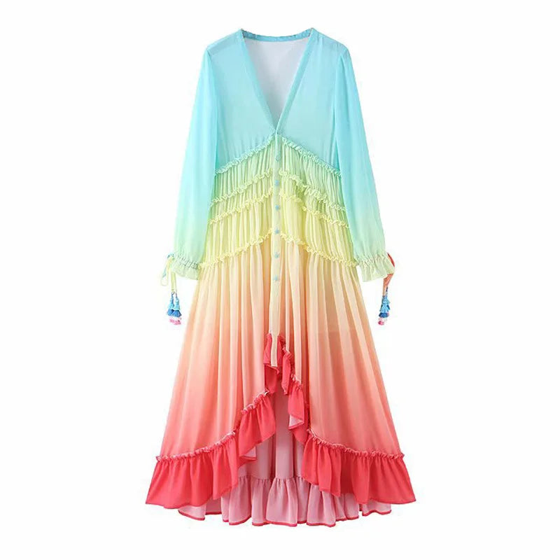 FashionSierra-Chiffon Long Sleeve Maxi Women 2025 Deep V Neck Sexy Irregular Rainbow Ruffles Beach Party Vestidos Boho Dress