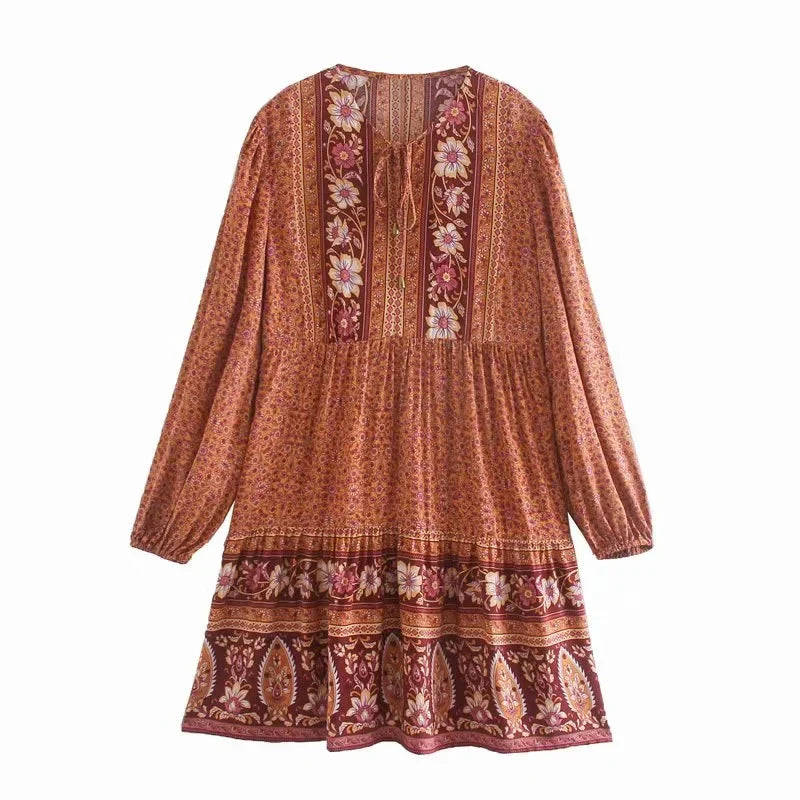 FashionSierra-Lantern Long Sleeve Mini Women Floral Print Tunic Robe Autumn Short Vintage V-neck Loose Vestidos Boho Dress