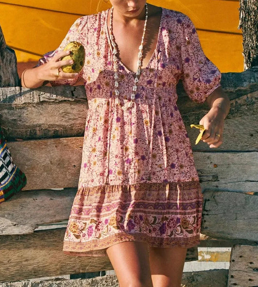 FashionSierra-Pink Floral Print Robe A-line Mini Women 2025 Beach V Neck Short Summer Vintage Loose Casual Boho Dress