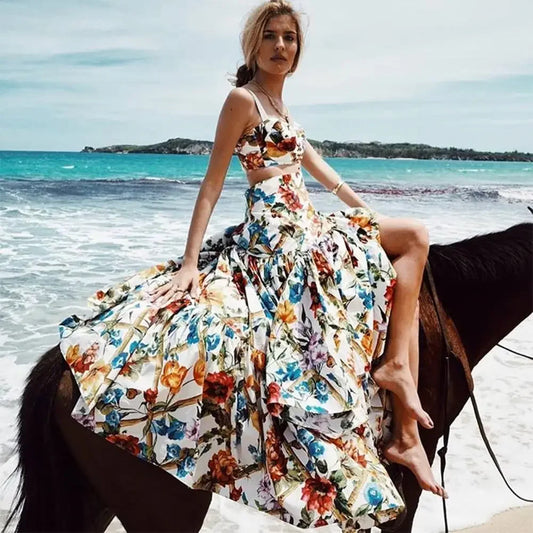 FashionSierra-Sleeveless Maxi Women 2 Piece Set Vintage Floral Print Bohemian Summer Vestidos Beach Robe 2025 3XL Boho Dress
