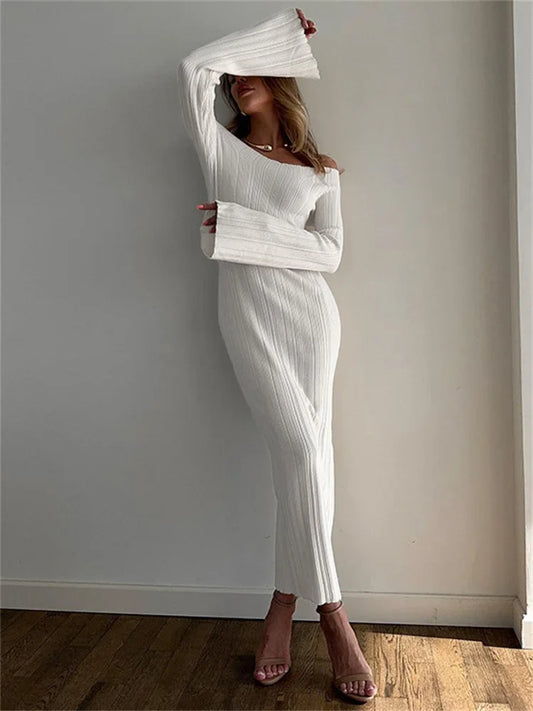 Autumn Knit Ribbed Long Dress Women Off-Shoulder Slim High Waist Patchwork Elegant Party Dress Female Maxi Dress Knitwear