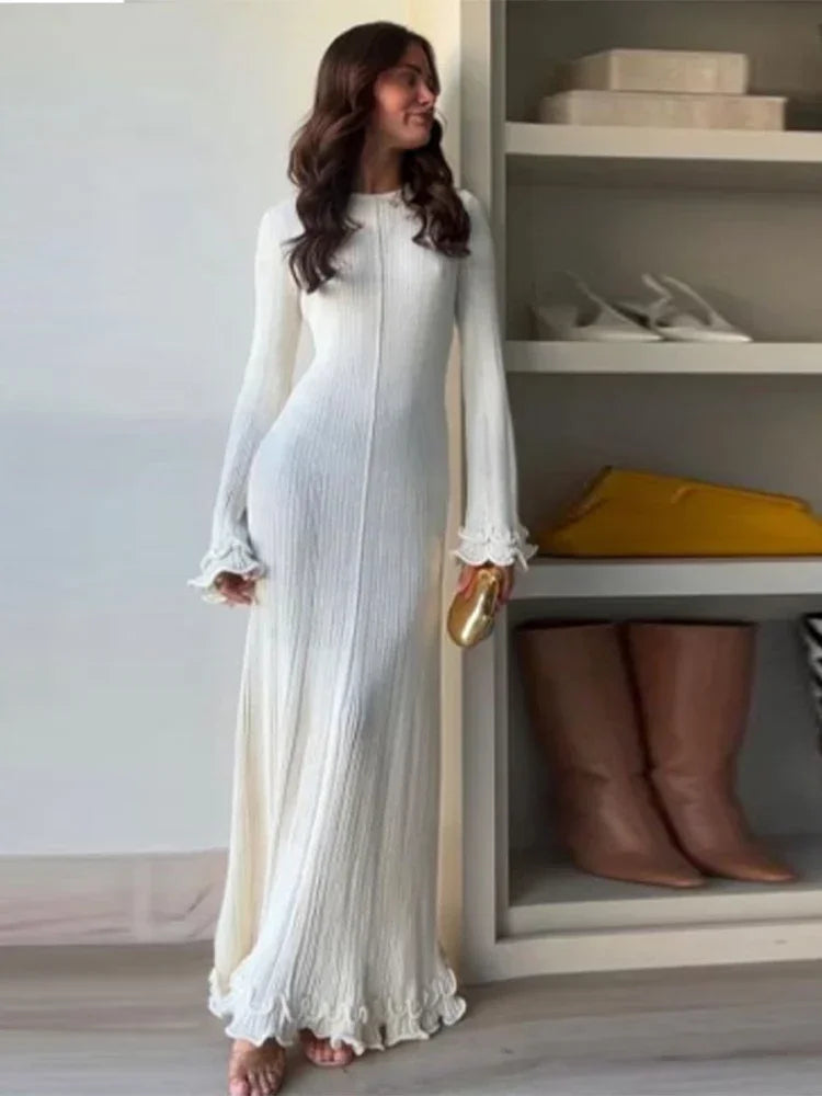 Autumn Ruffled White Maxi Dress Women Backless Lace-Up Slim Ribbed Long Sleeve Patchwork Dress Knitwear Female Long Dress