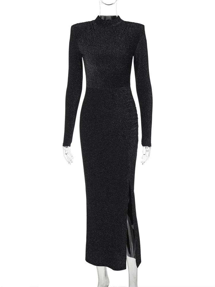 Black Sequin Slim Maxi Dress Women’s Sexy High Waist Party Dress Clothes Solid Shiny Commute Gown Autumn Female Long Dress