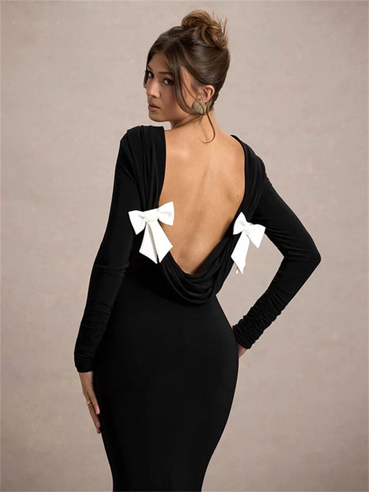 Black Tee Bow Backless Long Dress Women’s Fashion High Waist Luxury Elegant Party Dress Gown Female Autumn Maxi Dress