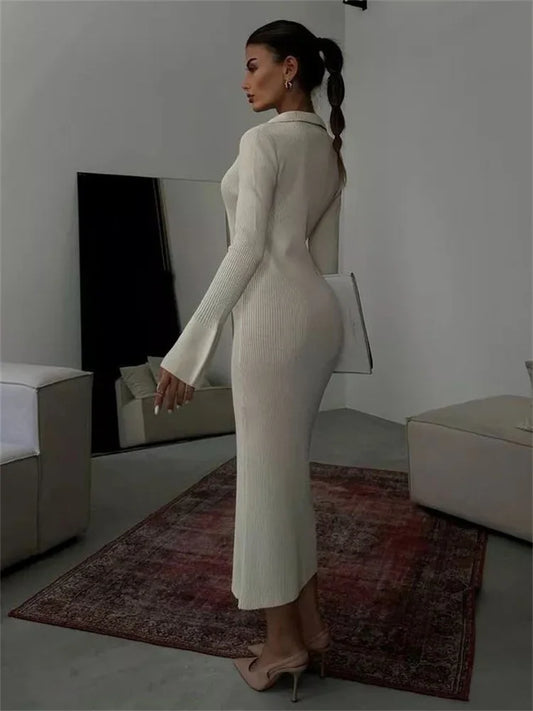 Fashion Knit Long Dress For Women Ribbed High Waist Patchwork Slim Long Sleeve Lapel Autumn Dress Knitwear Party Dress New
