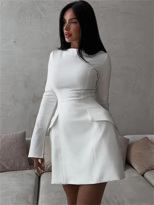 Female Elegant White Dress Sexy Patchwork Long Sleeve Commute Casual Clothes Dress For Women Zipper Autumn Mini Dress New