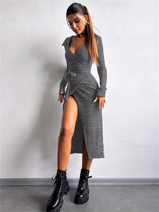 High Waist Lace-Up V-Neck Maxi Dress For Women Patchwork Fashion Drawstring Elegant Bandage Dress Y2k Sexy Long Dress