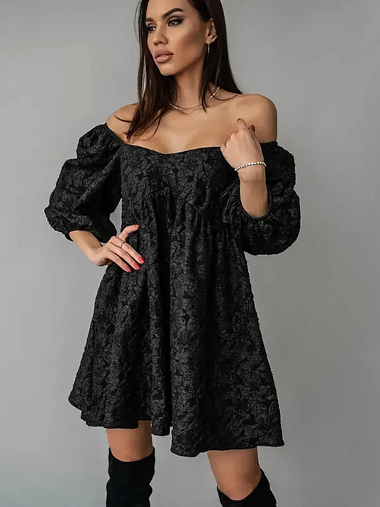 FashionSierra - Jacquard V-neck Dress Women Bubble Sleeve Niche Design Solid Color Ladies Short Casual Dress