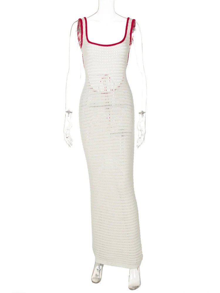Knit Contrast Backless Long Dress Female Lace-Up Slim Patchwork Beach Holiday High Waist Dress Women’s Knitwear Maxi Dress