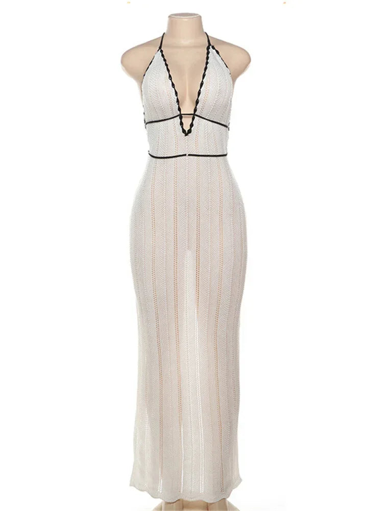 Knit V-Neck Backless Maxi Dress Women’s Slim Lace-Up Fashion Contrast Patchwork Bandage Knitwear Dress Female Long Dress