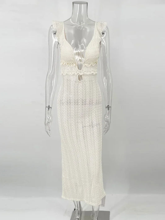 Knit V-Neck Fashion Maxi Dress Women’s Slim High Waist See-Through Patchwork Bandage Backless Dress Female Knitwear Dress