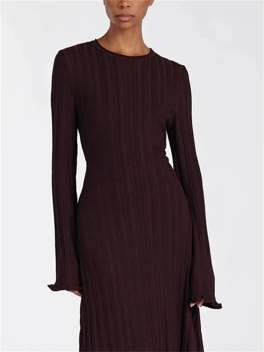 Knitwear Fashion Loose Maxi Dress Women Lace-Up High Waist Ribbed Long Sleeve Party Dress Female Knit Bandage Long Dress