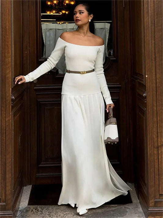 Off-Shoulder Fashion Patchwork Maxi Dress Women’s Solid Elegant Commute Autumn Dress Female Backless Long Dress New
