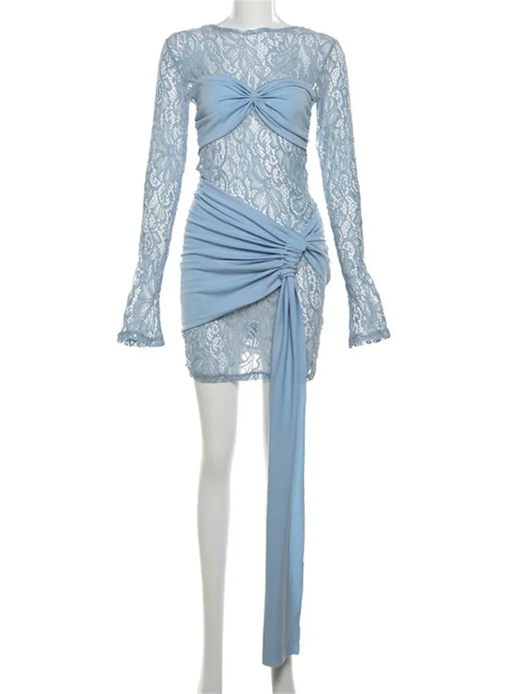 Printed See-Through Sexy Mini Dress Female Bandage Long Sleeve Lace Patchwork Hollow Out Contrast Dress Women’s Clothes