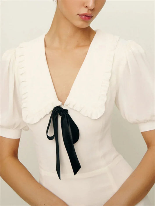 Ruffled White Elegant Long Dress Women’s V-Neck Lace-Up Short Sleeve High Waist Patchwork Party Dress Ladies Maxi Dress