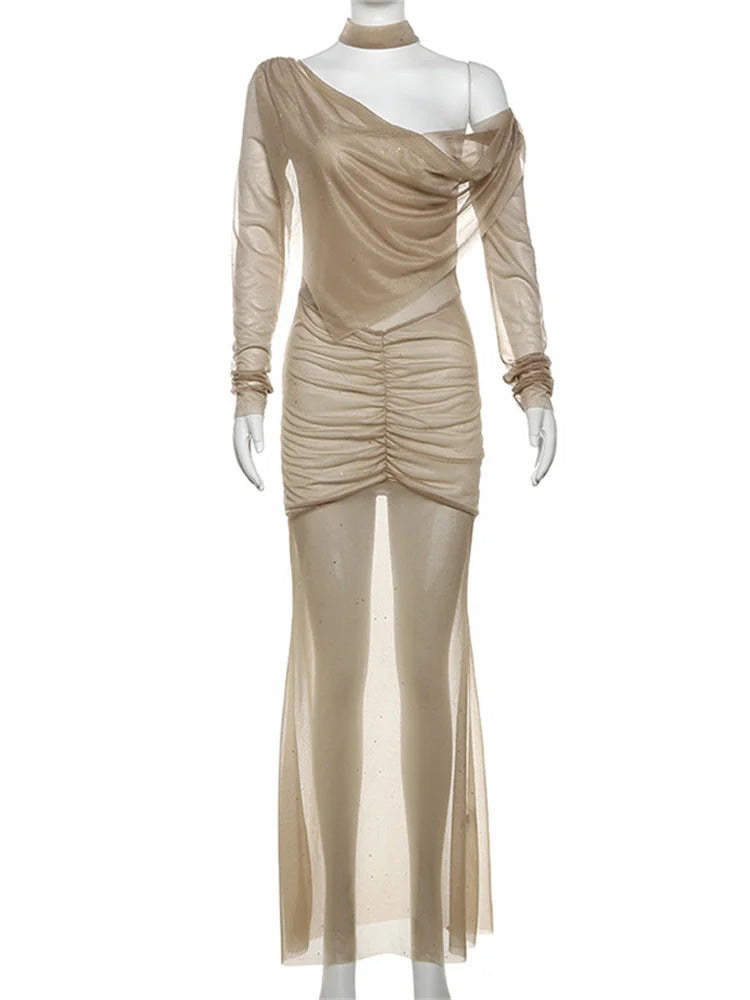 Sequin Sexy See-Through Maxi Dress Women’s Pleated Glitter Off-Shoulder Summer Fashion Party Dress Gown Shiny Long Dress