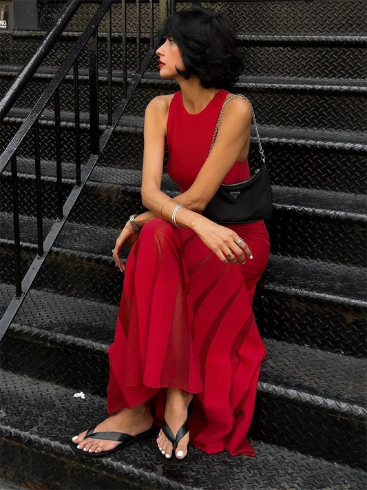 Sexy Knit Patchwork Maxi Dress Female Sleeveless See-Through High Waist Fashion Elegant Party Dress Women’s Knitwear Dress