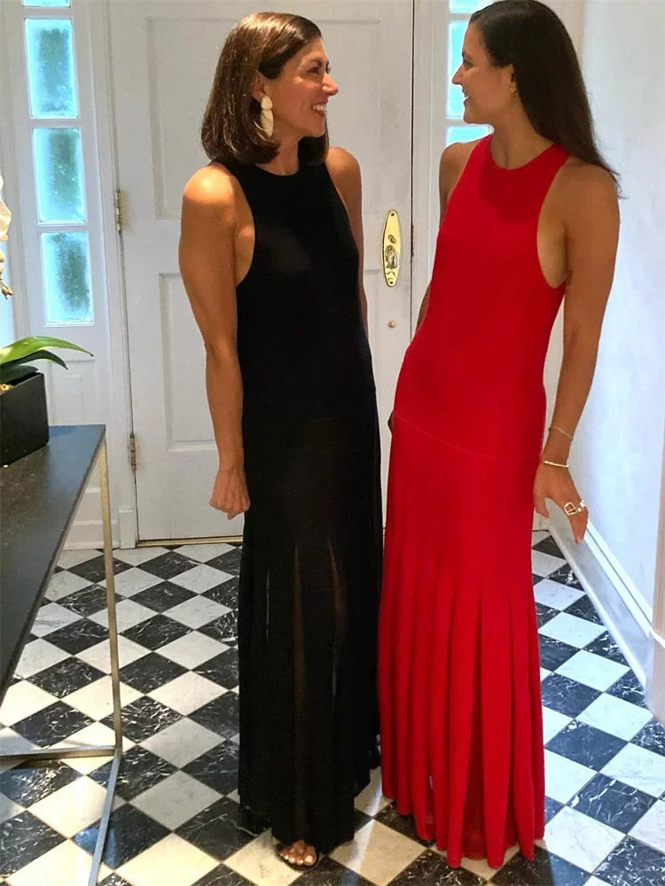 Sexy Knit Patchwork Maxi Dress Female Sleeveless See-Through High Waist Fashion Elegant Party Dress Women’s Knitwear Dress