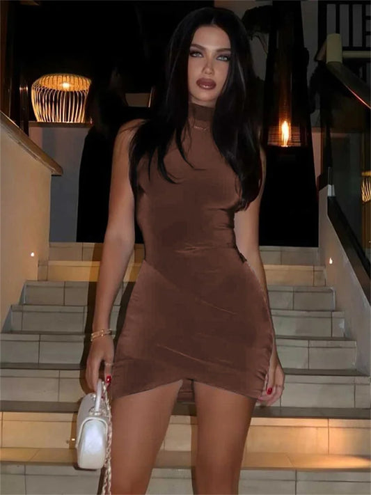 Sexy Sleeveless Patchwork Mini Dress Female Solid Skinny Pleated Fashion High Waist Casual Dress For Women Party Dress New