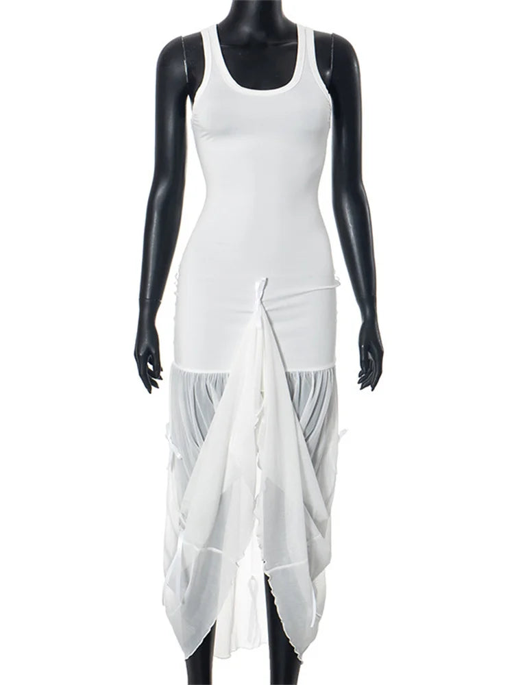 Tee Bow Mesh Patchwork Long Dress Women’s Bandage See-Through Beach Holiday Party Dress Elegant Slim Maxi Dress Summer New