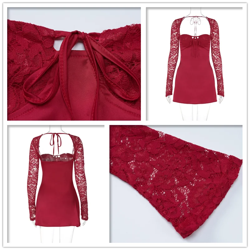 Lace Patchwork Waist Wrap A-line Autumn Winter Backless Nightclub Party Mini Dress