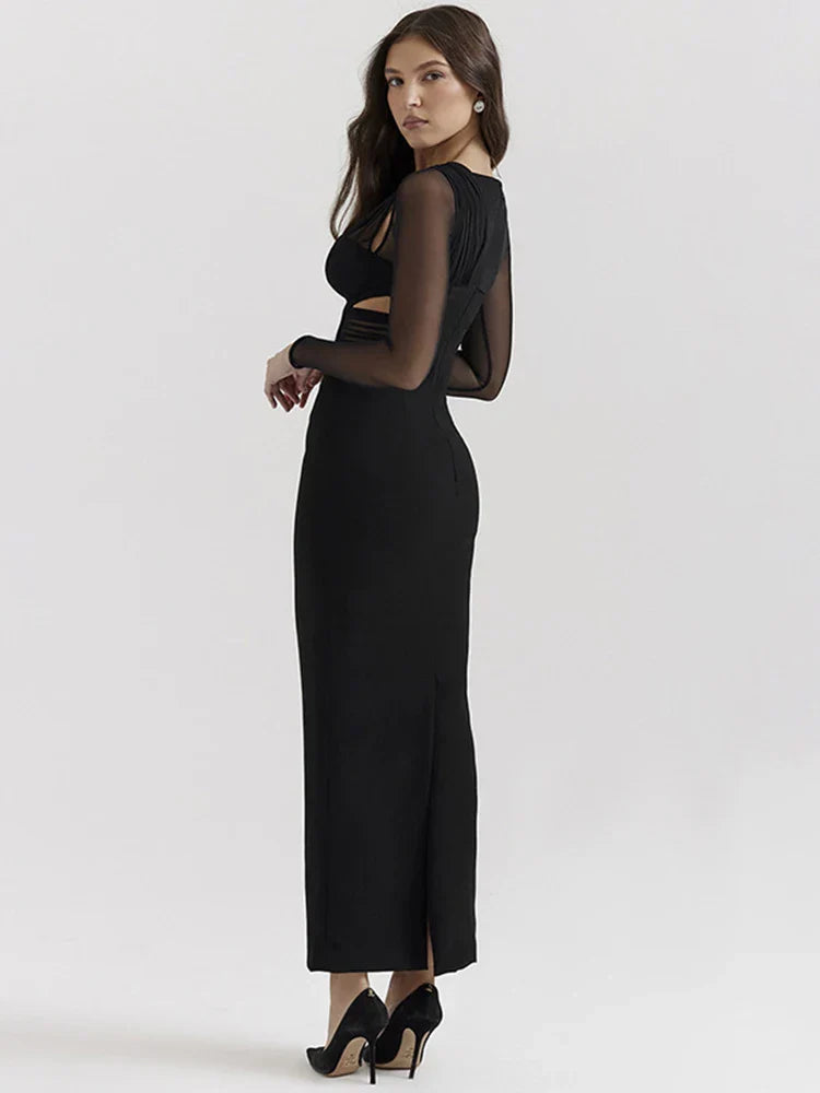 Mesh Patchwork Slim Bodycon One Shoulder Autumn Winter Long Sexy Midi Dress