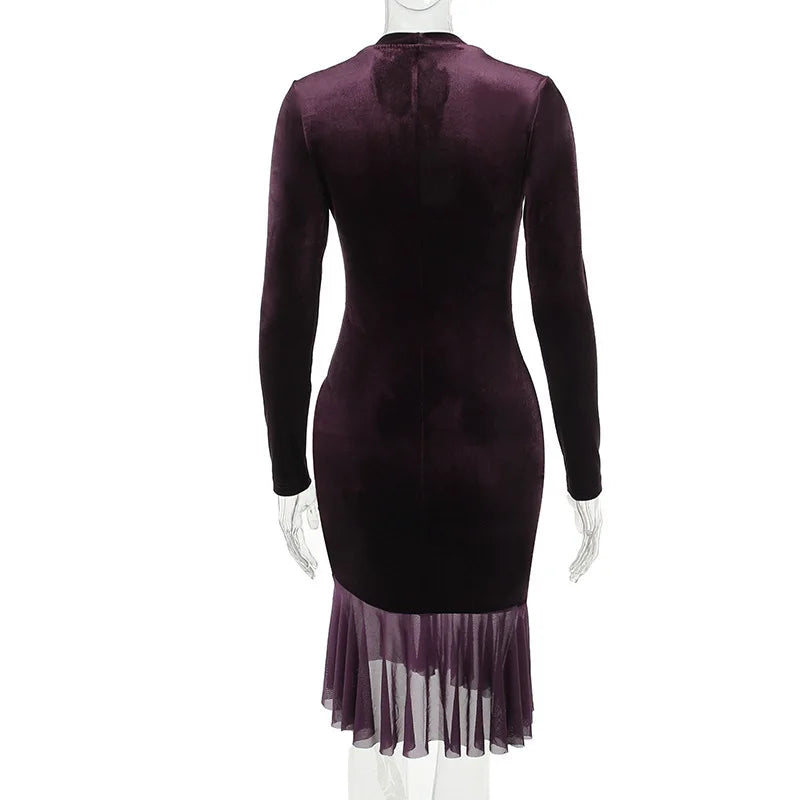 Single Velvet Slim Bodycon Mini Autumn Winter Ruffles Nightclub Sexy Midi Dress