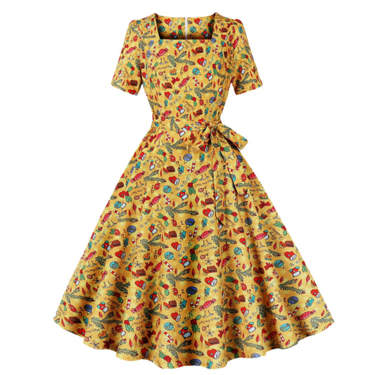 Trend Elegant Christmas Party Dresses Women Print Square Collar Short Sleeves Bowknot Leace-up A-line Dress Female New Vestidos