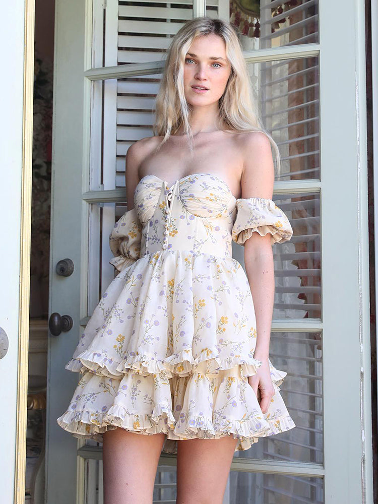Voguable WannaThis Floral Y2K Mini Dress Corset Off Shoulder Ruffle Puff Sleeve Streetwear Chic Party Vestidos New