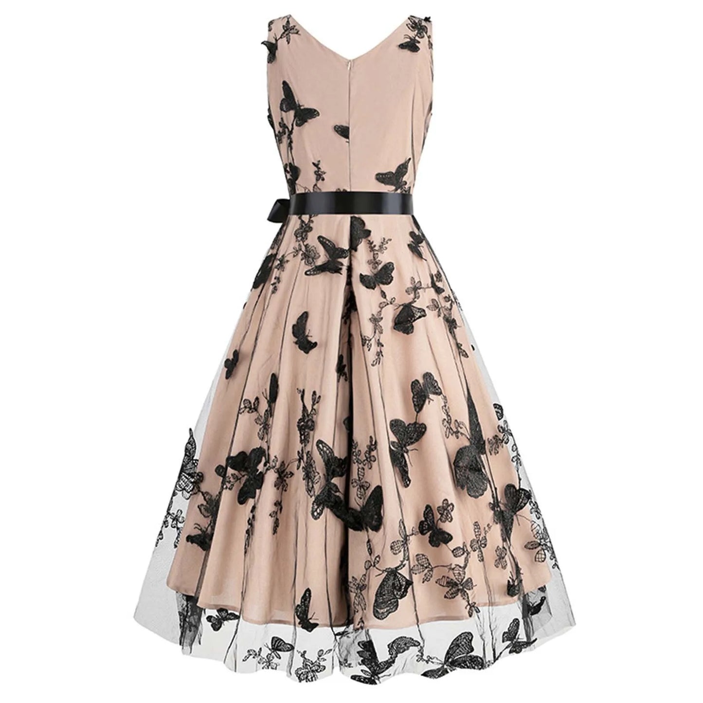 FashionSierra - V Neck Belt Sleeveless A-Line Women Vintage Butterfly Embroidery Mesh Patchwork Party Dress For Woman Summer