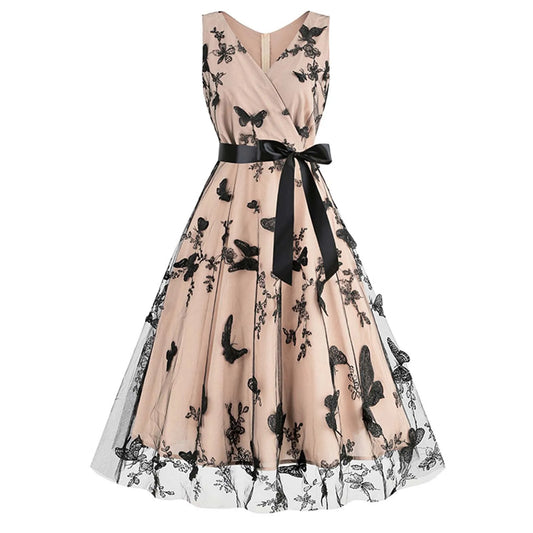FashionSierra - V Neck Belt Sleeveless A-Line Women Vintage Butterfly Embroidery Mesh Patchwork Party Dress For Woman Summer
