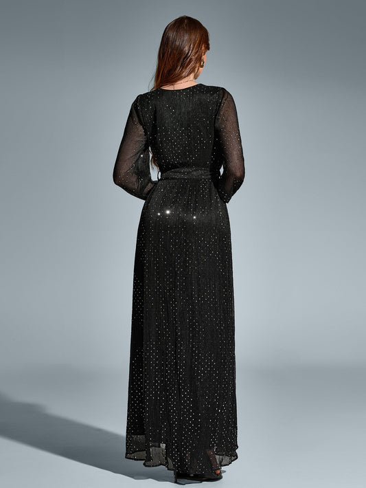V-Neck Side Split Tie Round Dot Ruched Maxi Dress