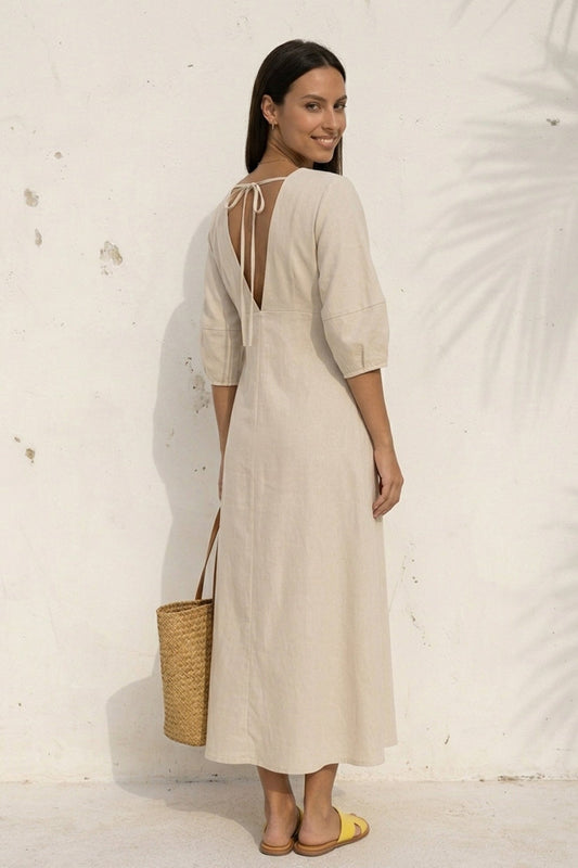 V Neck Single-breasted Cotton Linen A-line Dress