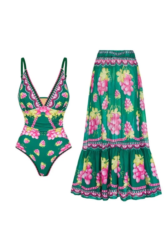 Conjunto de traje de baño con vestido largo y escote en V profundo