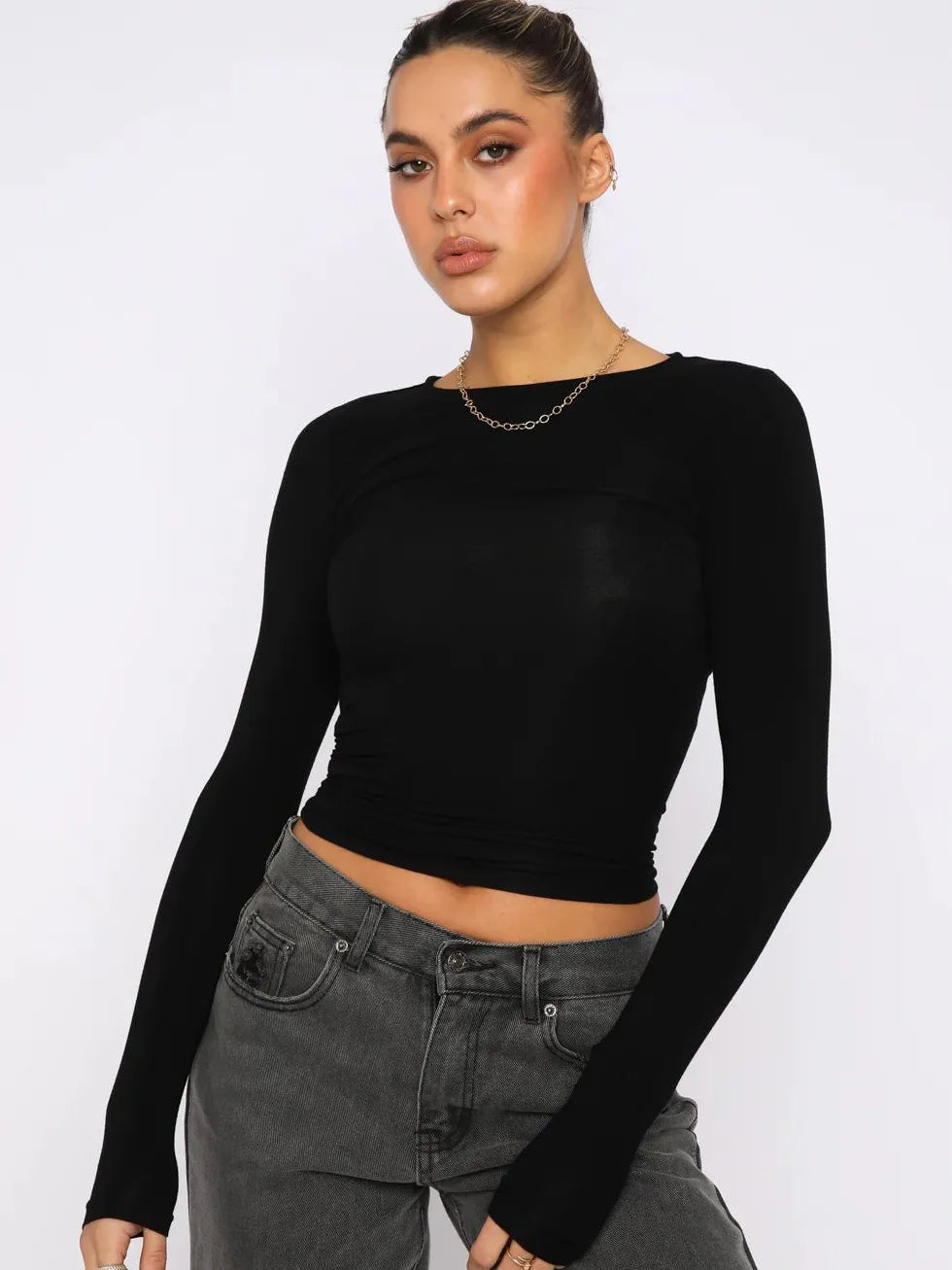 Vintage Bustier Spring Solid Long Sleeve Round Neck Women's T-shirt