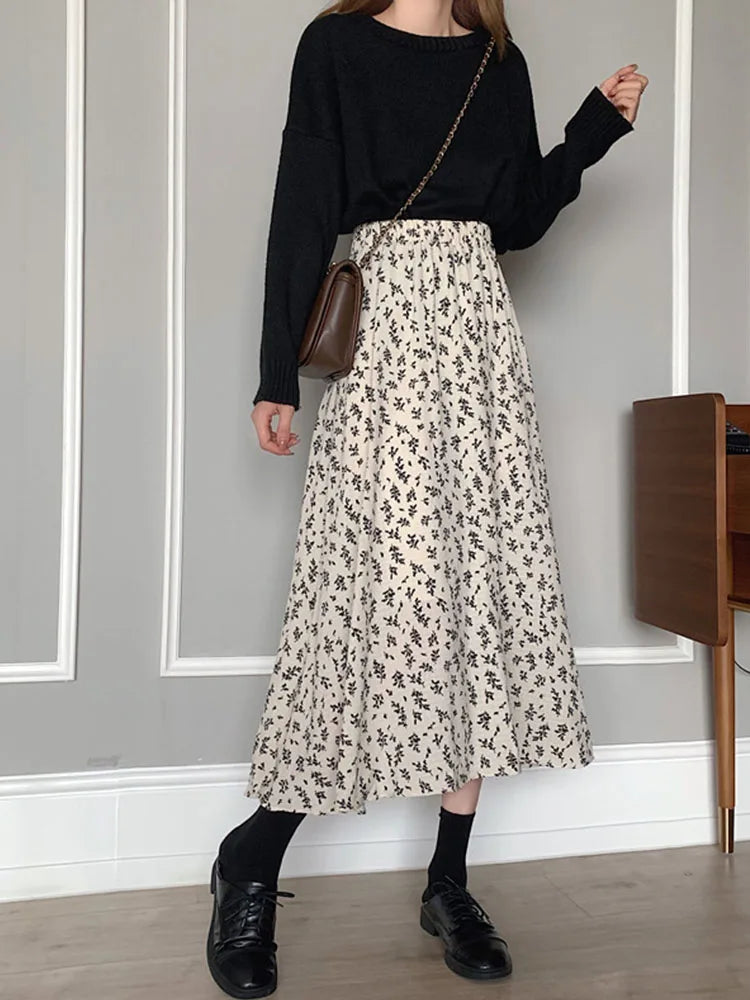 DressBetty - Vintage Floral Print A-line Pleated Streetwear Drawstring Midi Skirt