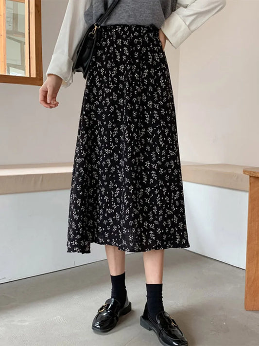 Vintage A-line Pleated Drawstring Elastic Waist Midi Skirt