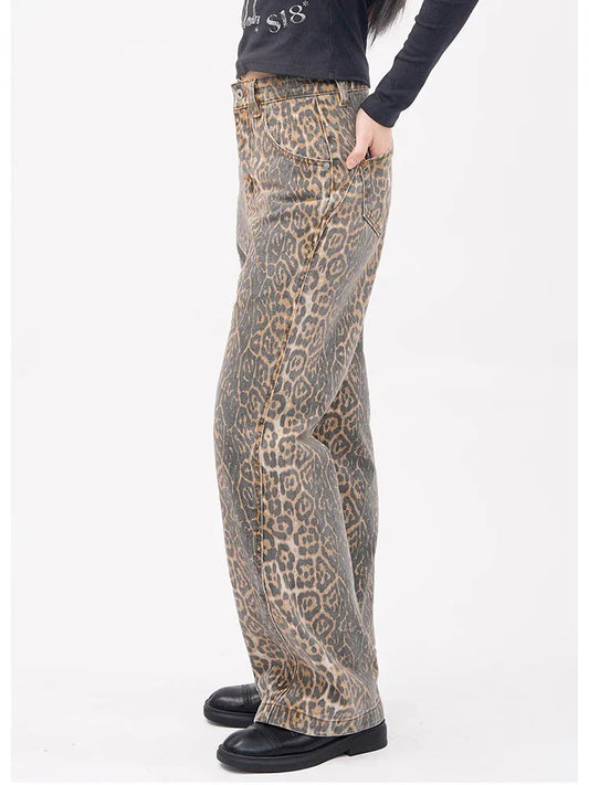 Vintage Leopard Print Wide Leg Panther Denim Jeans