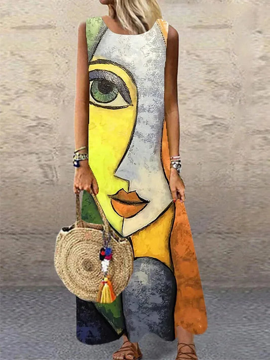 Vintage Print Sleeveless Long Dresses Women Fashion Summer O Neck Loose Maxi Dress Temperament Commuting Clothing Vestido Female