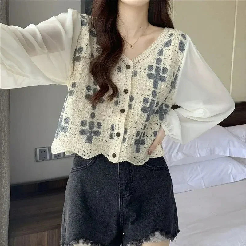 Blusa clásica corta con mangas abullonadas y bordado para mujer | Ideal para primavera/verano
