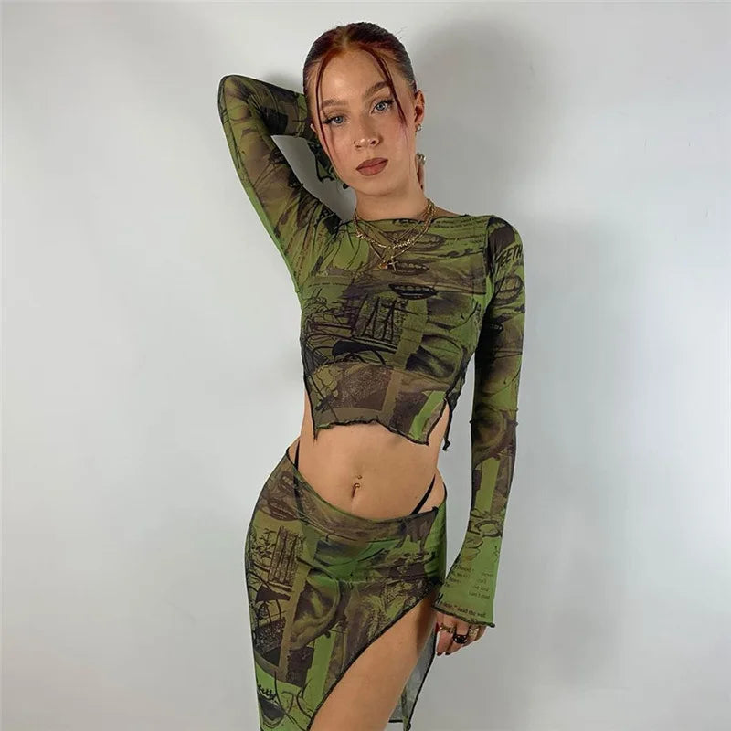 Vintage Mesh Sleeve Y2K Print Slim Fit Crop Top Streetwear Crop Top