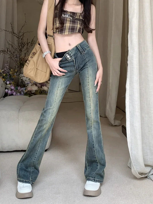 Vintage Brown Low Rise Flare Y2k Brown Long Baggy Denim Bottom