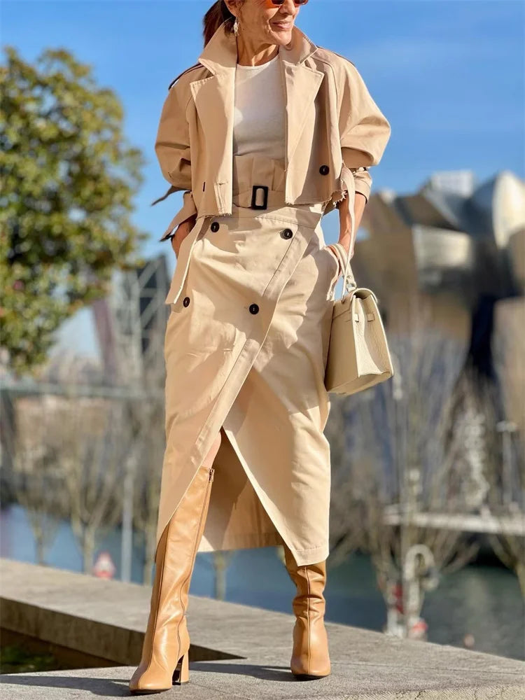 Khaki Loose Short Trench Coat 2025 Spring Fashion Solid Crop Ladies High Street Oversized Outwear Jacket