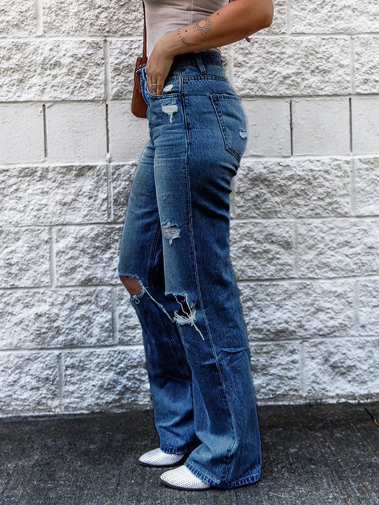 FashionSierra - Women Baggy Ripped Punk Distressed Bell Bottom Trouser