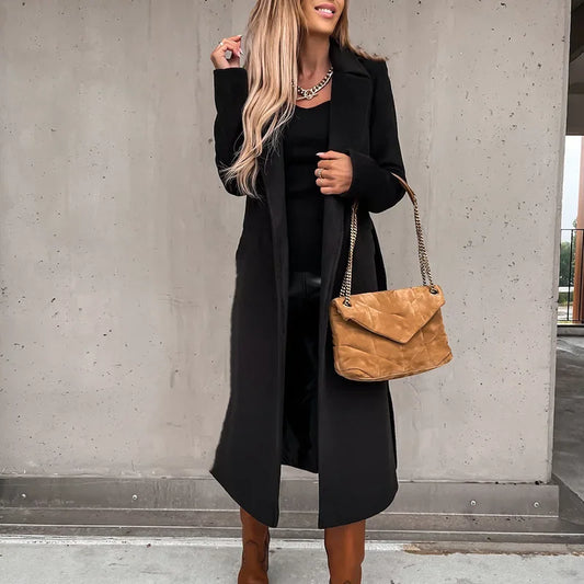 2025 Seeve Waist Outerwear Tolid Long Slurn Down Collar Coat